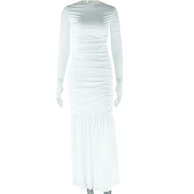 Ladies Round Neck Long Sleeve Mesh Casual Dress White - Shop at LoveMi