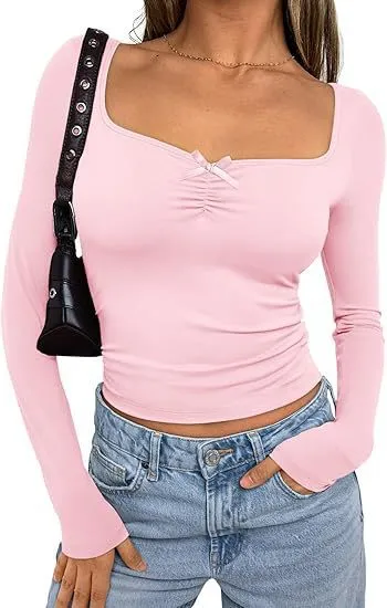 Pleated Square Collar Bow Detail Fashion Long Sleeve Pink - Shop at LoveMi