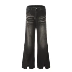 Washed Pleated Split Skinny Jeans - Black - View 1