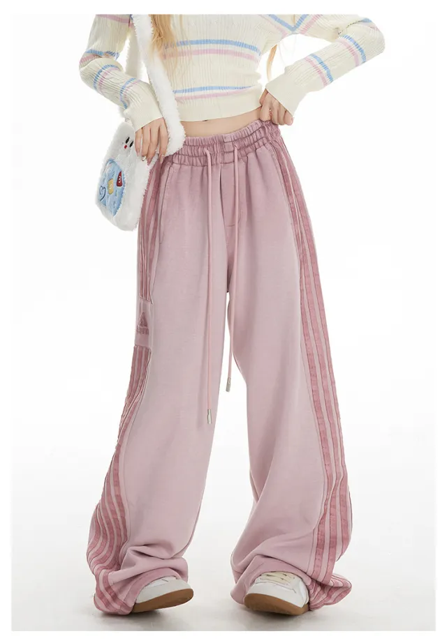 American Retro High Street Stripe Sweatpants Pink - Shop at LoveMi
