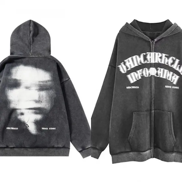 American Style Oversize Vintage Distressed Printed Letter Zipper Hooded Sweater 400G Velvet Xl - Shop at LoveMi
