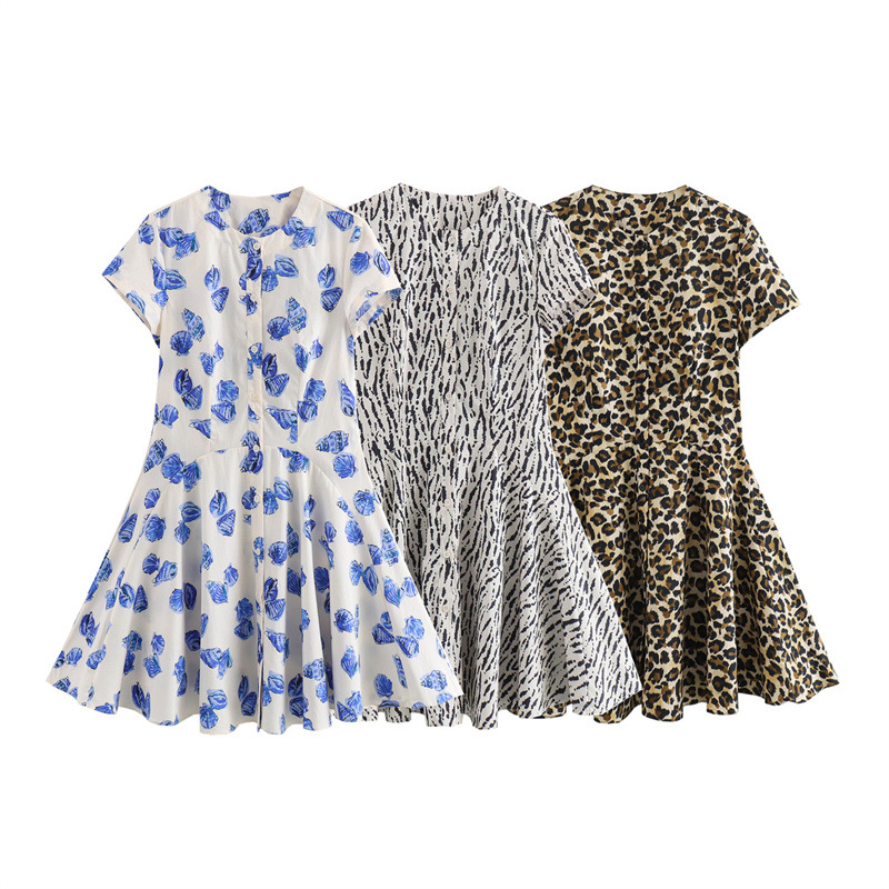European And American Fashion Printed Round Neck Loose Leisure Short Dress