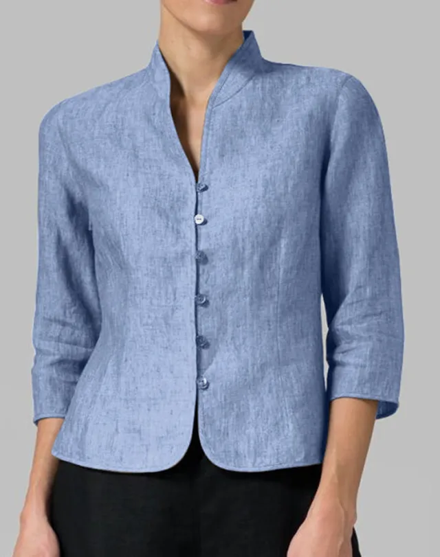 Slim Three quarter Sleeve Button Jacket INS Fashion V neck Stand Collar Outwear Tops Solid Color Clothing For Women Blue - Shop at LoveMi