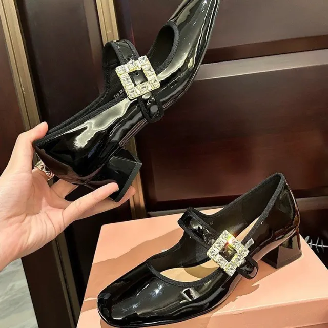 Rhinestone Square Buckle Women's With Chunky Heel Shoes Black - Shop at LoveMi