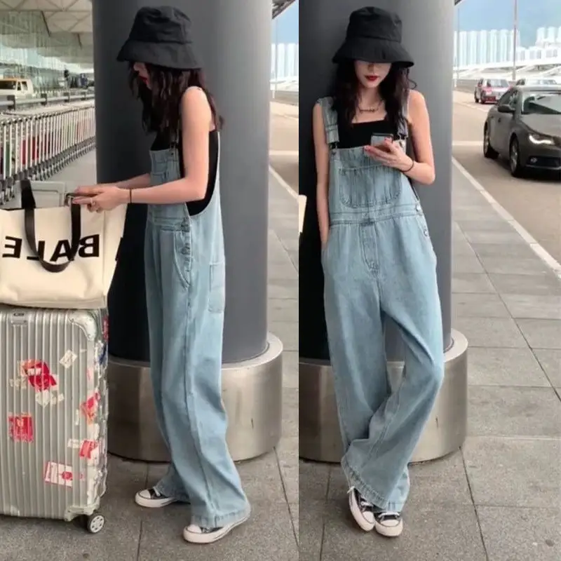 Plus Size High Waist Wide Leg Jeans Suspender Pants For Women