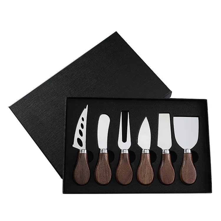 Walnut Wooden Handle Boxed Cheese Knife Set Baking Tools - Hf201Bh Steel 6 Piece Set
