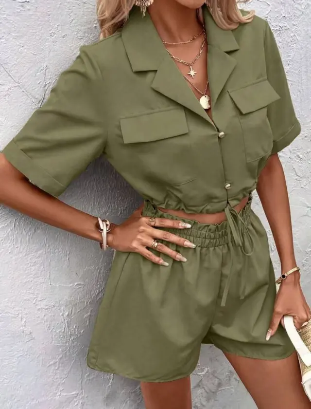 Women's Short sleeved Cardigan Drawstring Shorts Suit Army Green - Shop at LoveMi