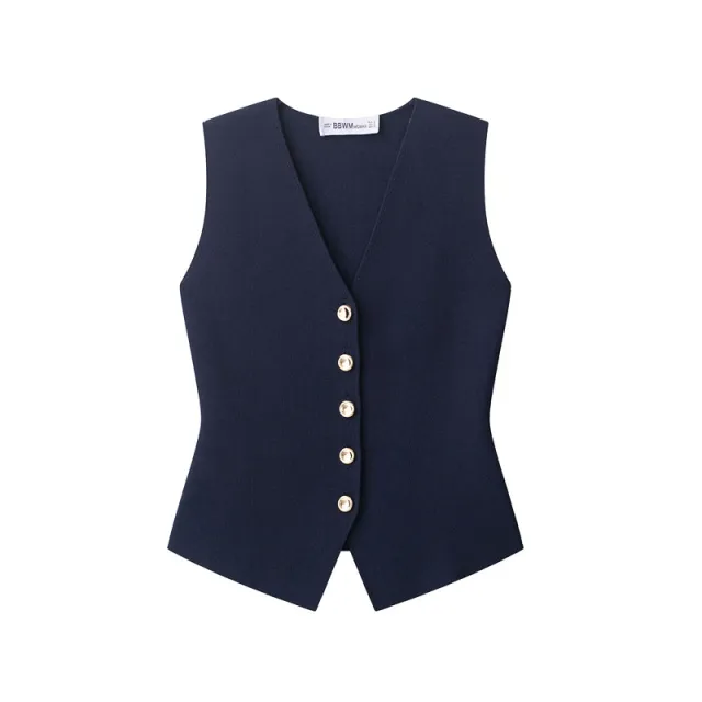 Spring And Summer Style V neck Flat Needle Vest Top Navy Blue - Shop at LoveMi