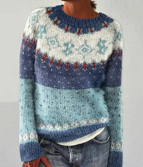 Round Neck Multicolor Loose Fashion Sweater Women Dark Blue Sky Blue - Shop at LoveMi