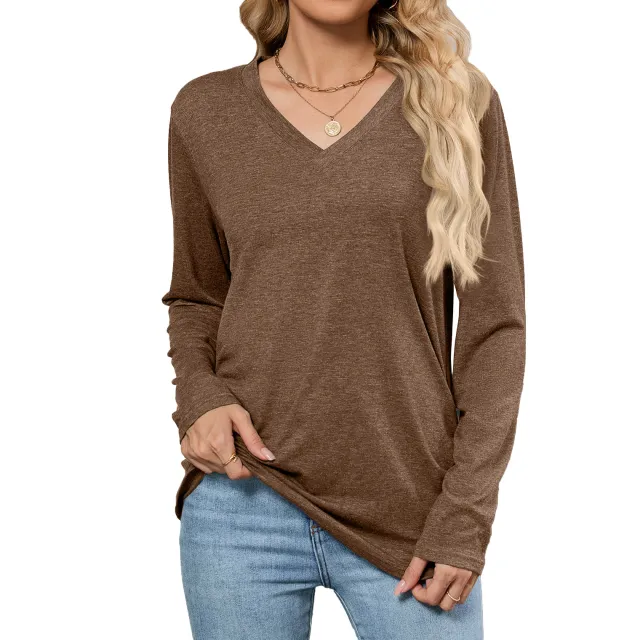 Leisure Pullover V neck Solid Color Loose Long Sleeves T shirt Top Coffee - Shop at LoveMi