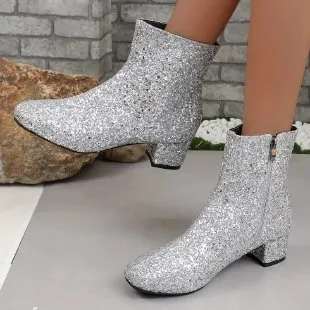 Outfit Sequin Chunky Heel Soft Bottom Women's Side Zipper Boots Silver - Shop at LoveMi