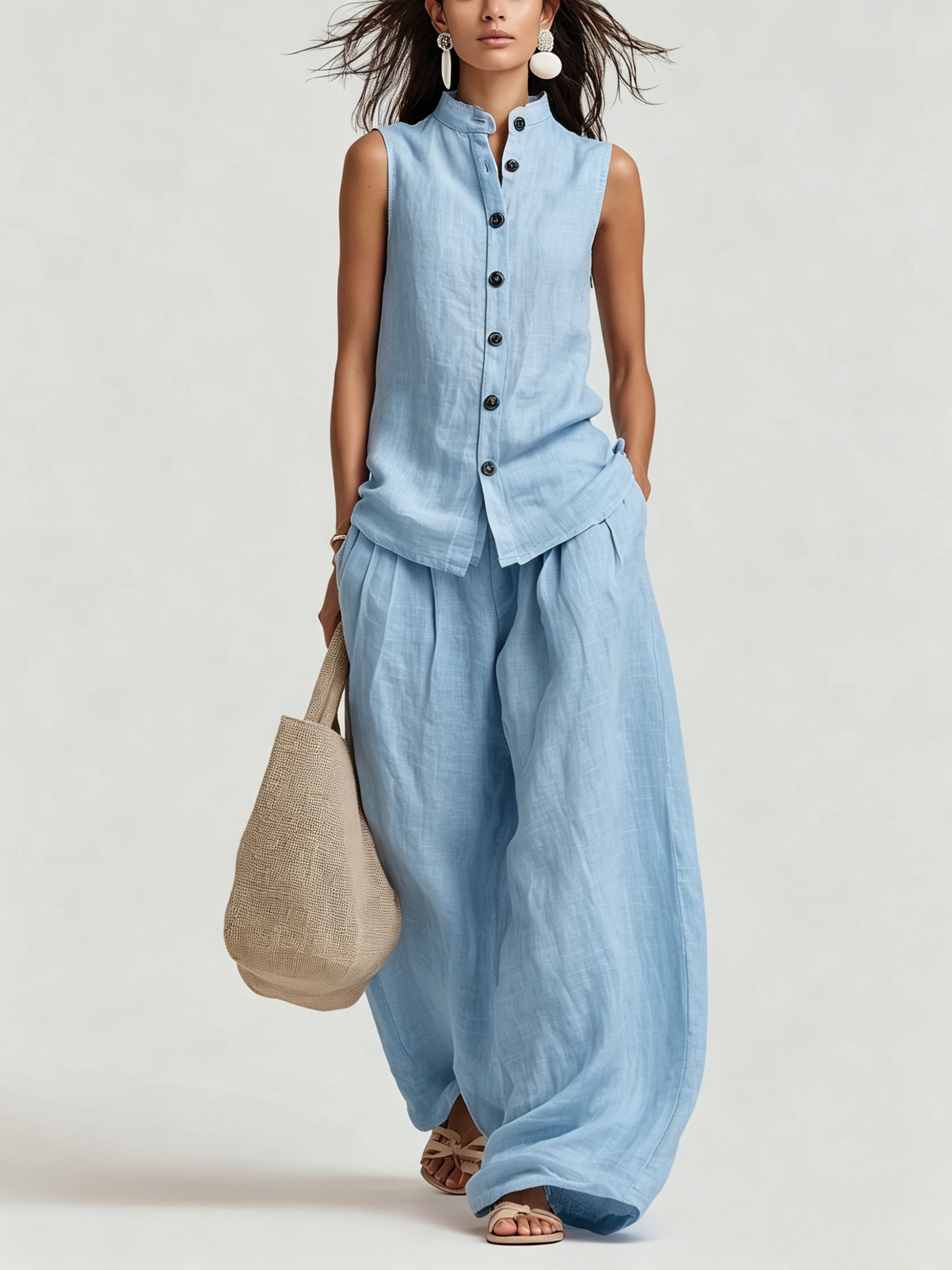 Women's cotton-linen sleeveless crewneck vest and pants set in sky blue, front view showing full coordinated outfit
