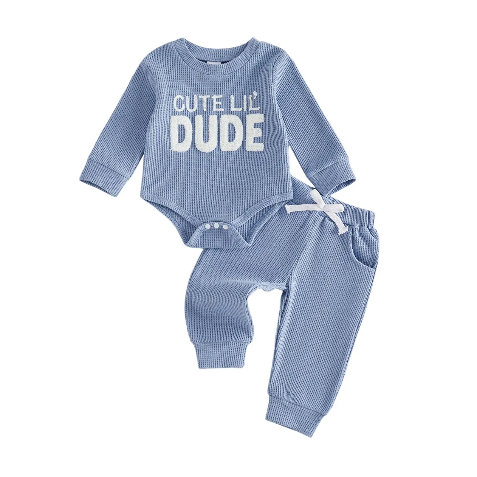 Letter-embroidered Long-sleeve Bodysuit And Pants Two-piece Set