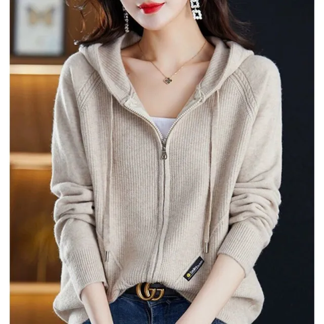 Sweater Cardigan Hooded Outer Tops Loose Casual Zipper Knitted Coat Beige - Shop at LoveMi