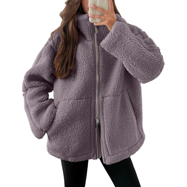 Women's Solid Color Lamb Wool Turtleneck Woolen Coat Purple - Shop at LoveMi
