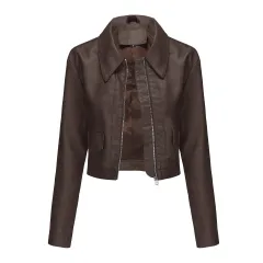 Women's Long-sleeved Fashionable Faux Leather Jacket - Brown - View 1