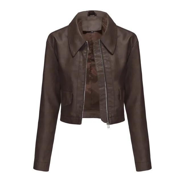 Women's Long sleeved Fashionable Faux Leather Jacket Brown - Shop at LoveMi
