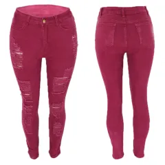Women's Slim-fit Multi-color Knee Ripped Jeans Repair - 153 Wine Red - View 1