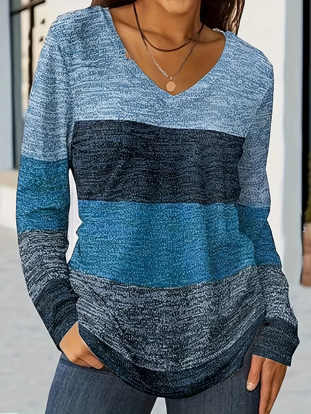 Casual Fashion Trends Color Matching Long Sleeve V-neck - Blue