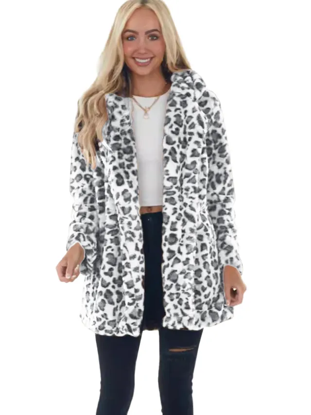 Rabbit Fur Leopard Print Mid length Clothing Fashionable Jacket Leopard Print White - Shop at LoveMi