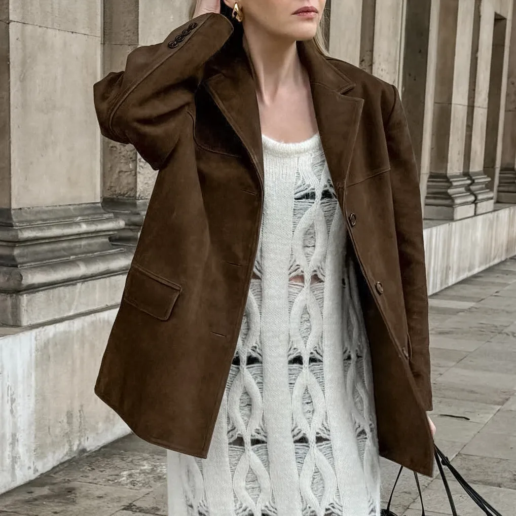 Brushed Velvet Retro Lapels Loose Suede Jacket - Brown