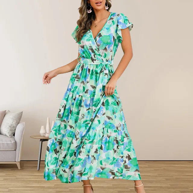 Fashion V neck Ruffle Bohemian Printing Dress Green - Shop at LoveMi