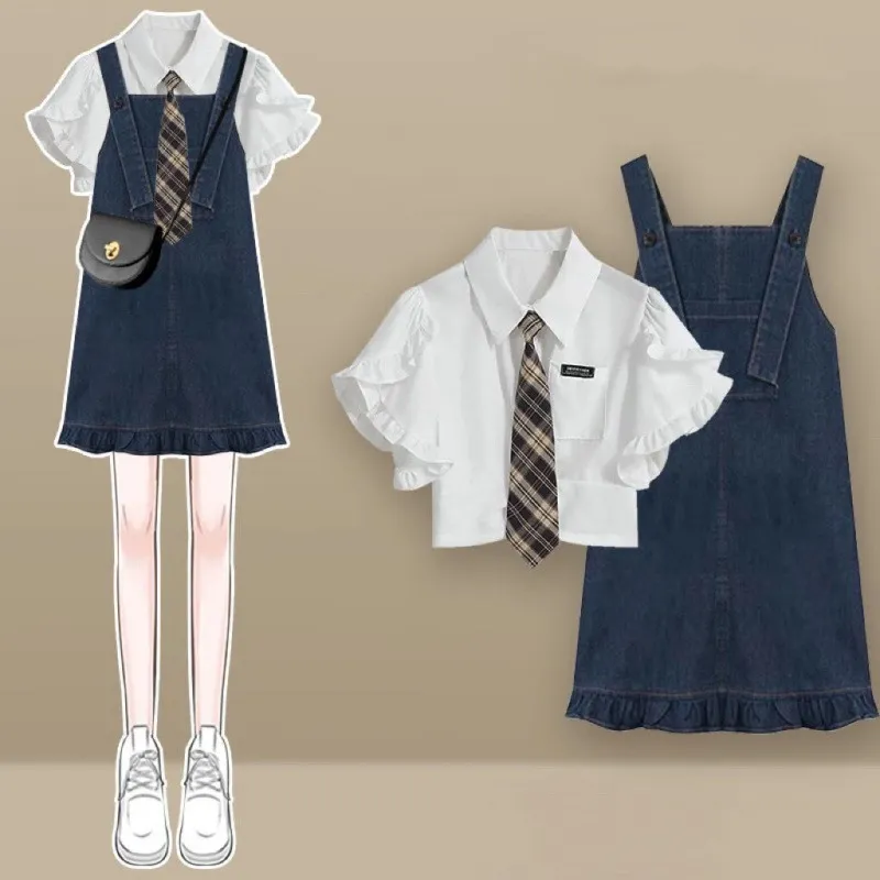 Girl Denim Dress College Style Blouse Suspender Skirt Outfit - Suit-M