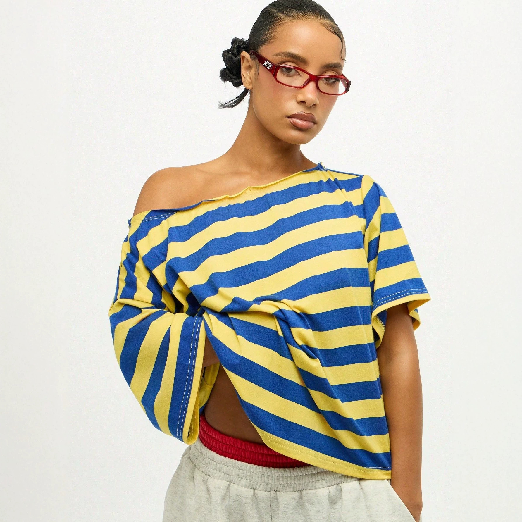 American-style Retro Striped Off-shoulder Short-sleeved Top