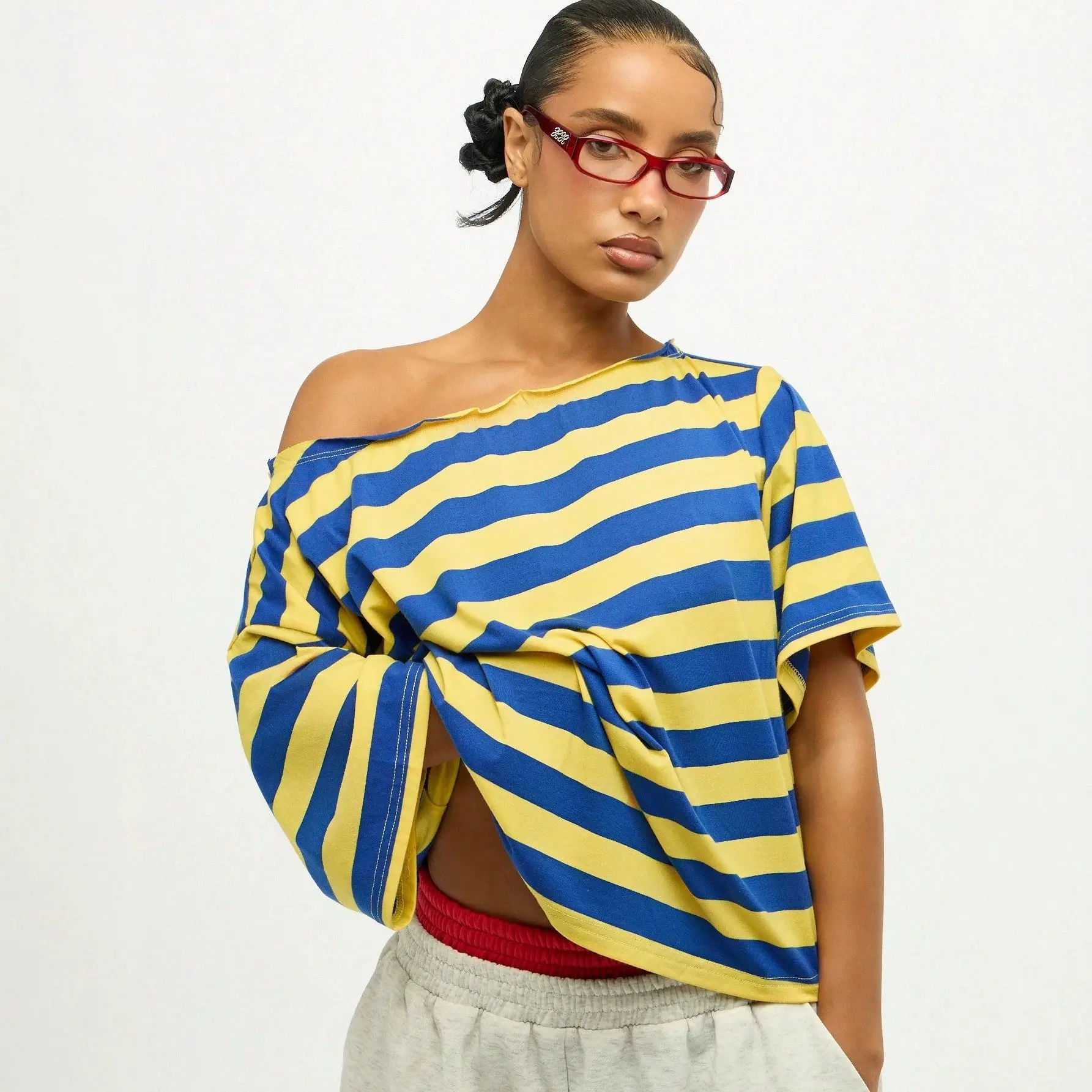 American-style Retro Striped Off-shoulder Short-sleeved Top