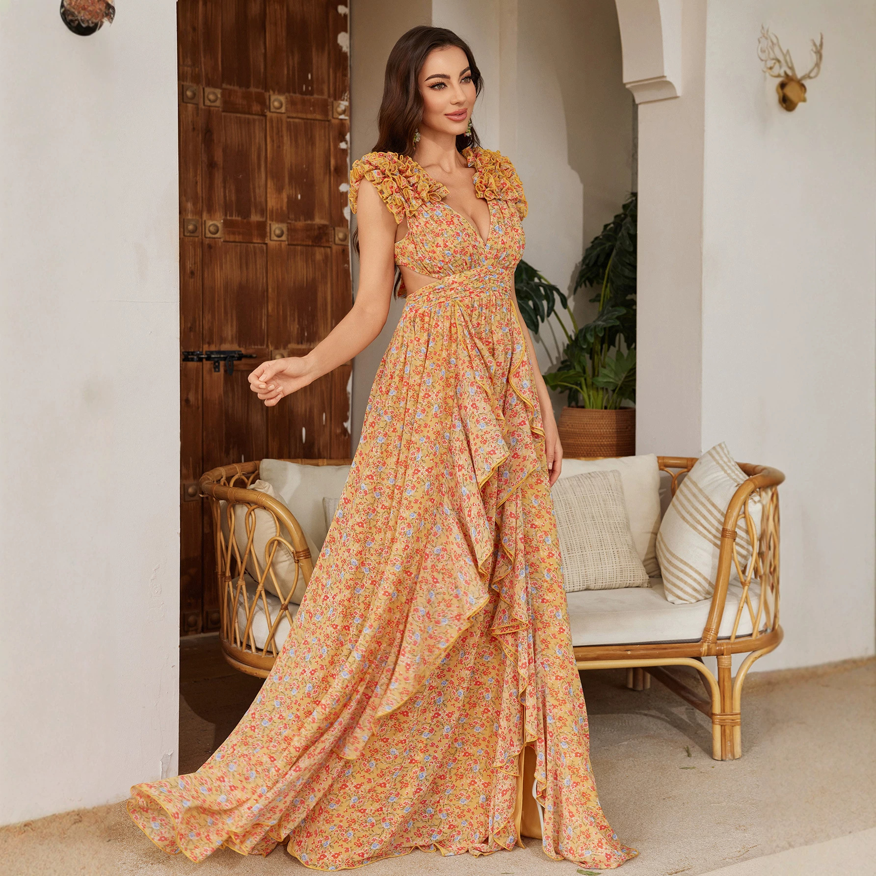 Womens Floral Printed Asymmetrical Slit Chiffon Lace Elegant Dress