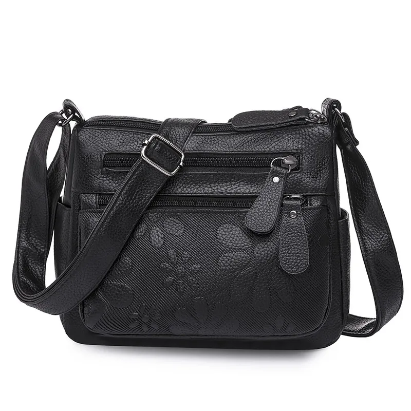 Large Capacity Soft Leather Fashion Shoulder Crossbody Bag - Black