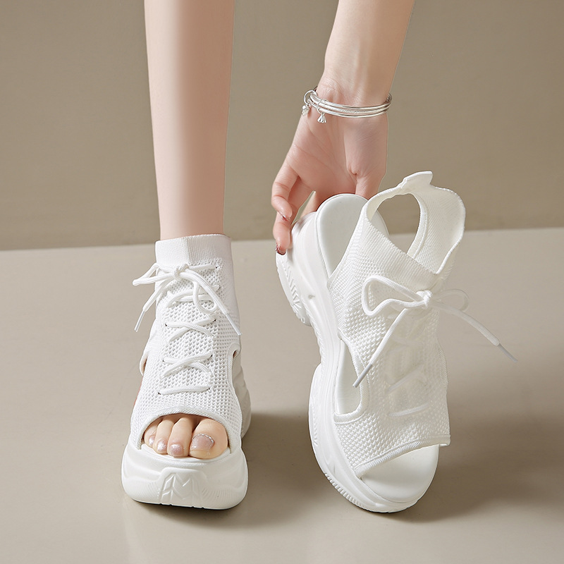 Womens Flyknit Mesh Breathable Peep-Toe High Heels