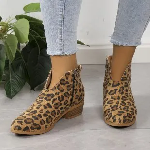 V Cut Chelsea Women's Chunky Heel Pointed Ankle Boots Leopard - Shop at LoveMi