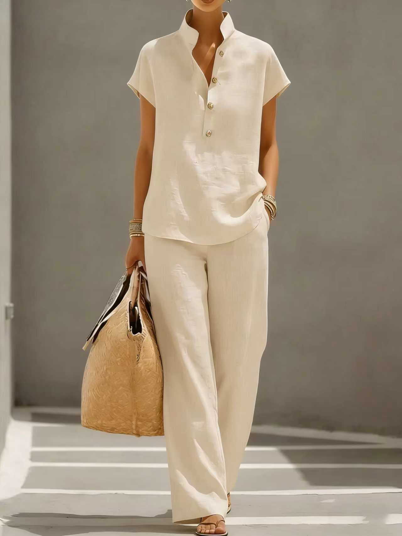 Khaki cardigan short sleeve top and pants three-piece set – solid color casual lounge women's style