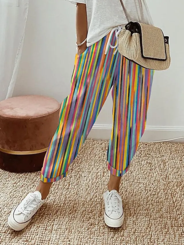 Spring New Women's Casual Printed Elastic Waist With Pockets Cropped Straight Pants Flower 2 - Shop at LoveMi