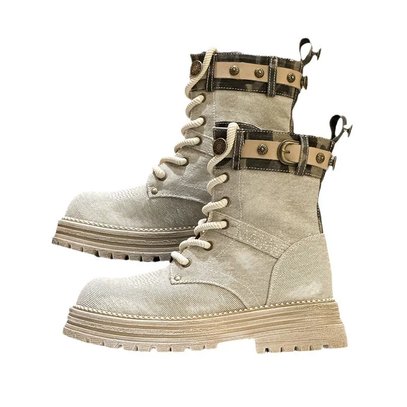 Platform Martin Boots Women's British Style Ankle Boots Retro Distressed Western Cowboy Boot - Beige