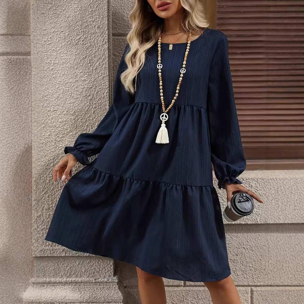 Womens Solid-Color Crew-Neck Casual All-Match Dress