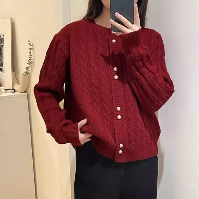 Twist Round Neck Pearl Buckle Soft And Comfortable Versatile Sweater Coat Red - Shop at LoveMi