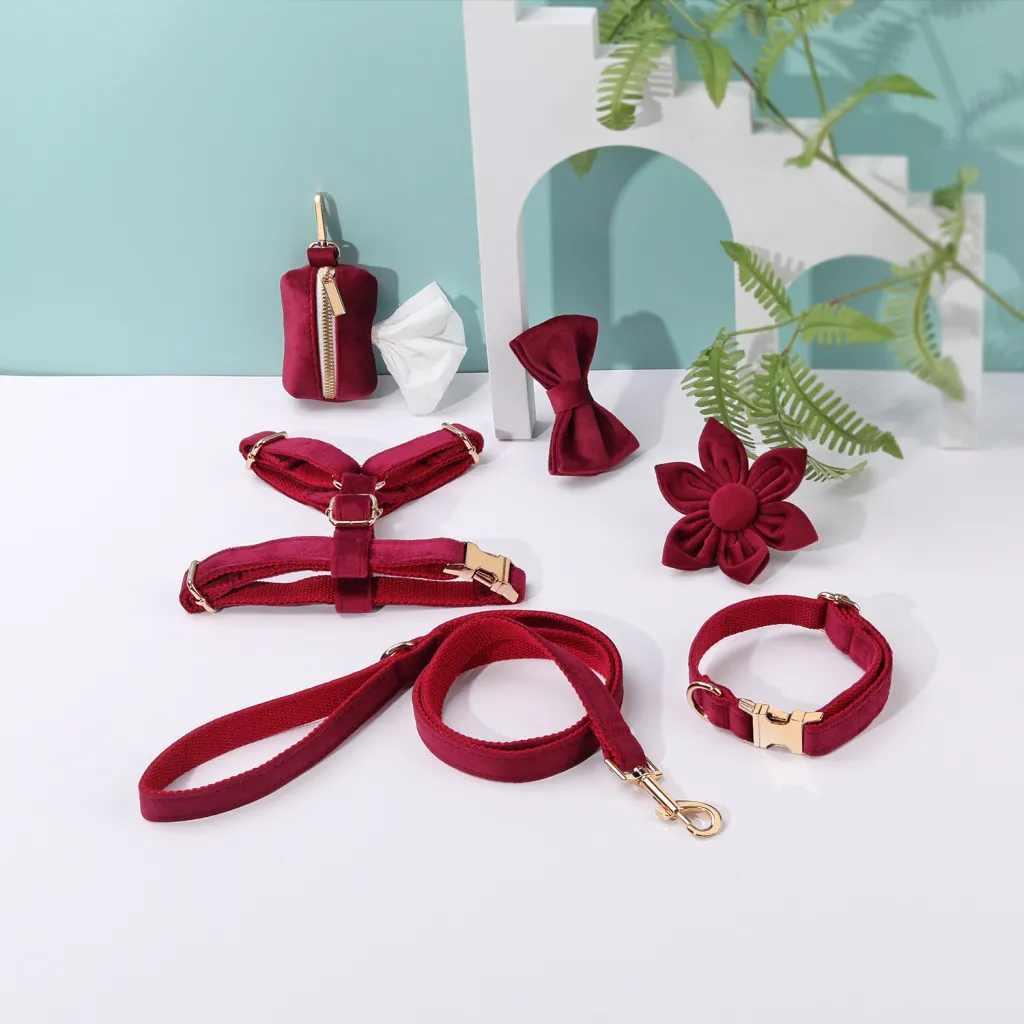 Classic Velvet Soft Pet Collar Traction Rope Suit - Wine Red Fleece
