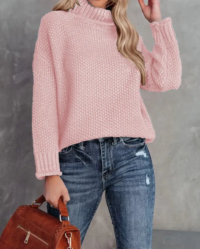 Women's High neck Long sleeve Rolled edge Knit Sweater Pink - Shop at LoveMi