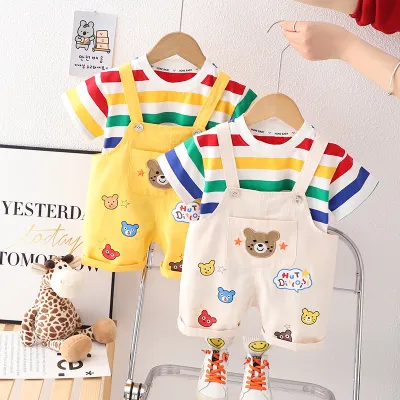 Boys' Summer Casual Suspender Trousers Short Sleeve Suit