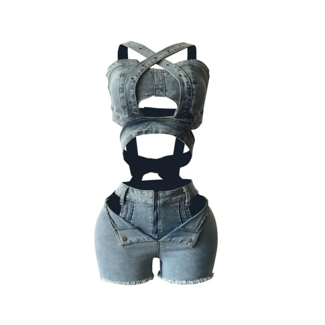 New Denim Vest Shorts Set Tube Top Strap Elastic Sky Blue - Shop at LoveMi