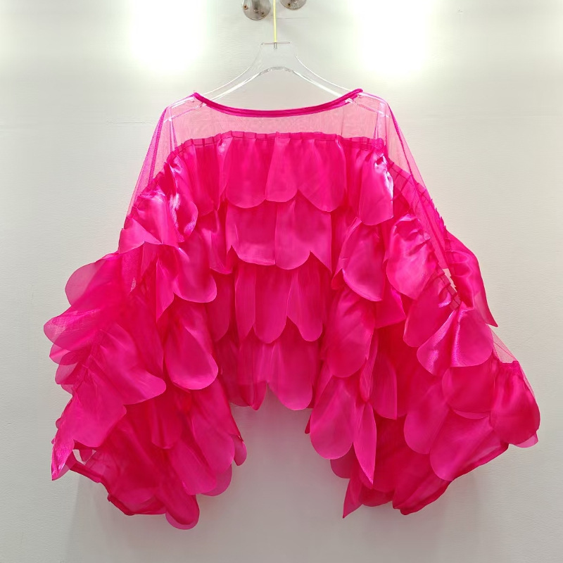 Chic Batwing-sleeve Blouse With Irregularly Shaped Ruffled Trim