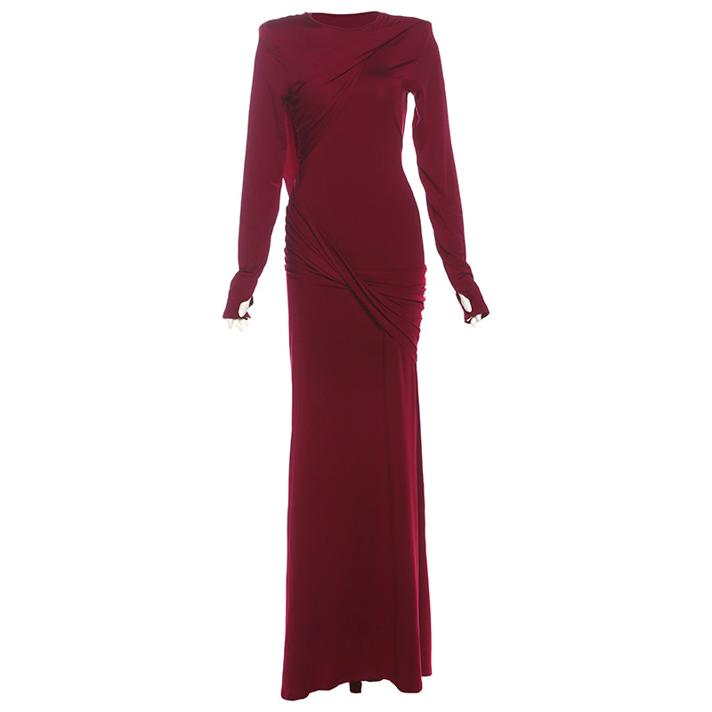 Polyester Women's Slim Fit Backless Long Sleeve Solid Color Dress Wine Red - Shop at LoveMi