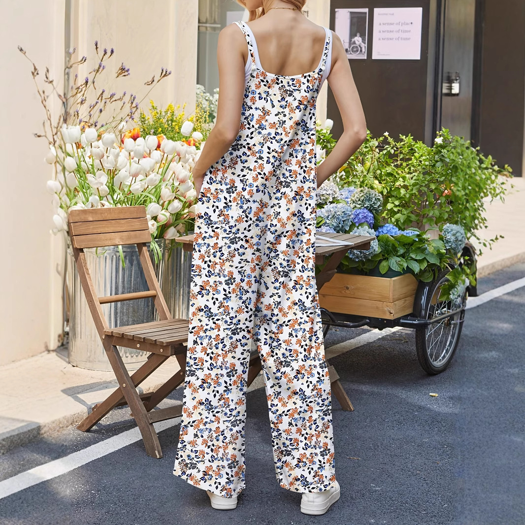 Adjustable-Strap Printed Casual Suspender Floral Jumpsuit
