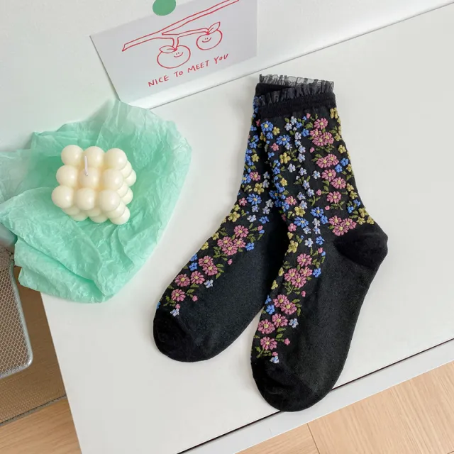 Ethnic Style Retro Embossed Jacquard Mid Tube Cotton Women's Socks Black - Shop at LoveMi