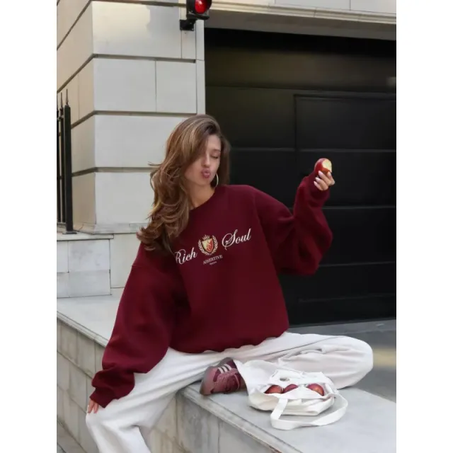 Fashion Printing Round neck Pullover Women Wine Red Plus Velvet - Shop at LoveMi