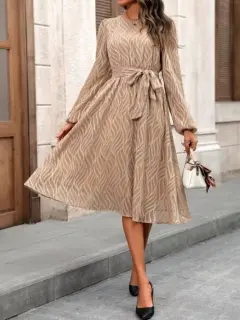 Elegant And Simple Fashion Jacquard Belt Dress - Khaki - View 1