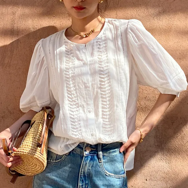 French Style Design White Shirt Vacation Style Beige - Shop at LoveMi