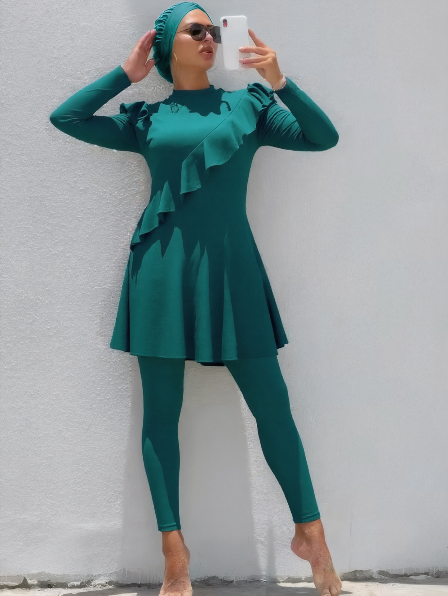 Muslim Swimsuit Long Sleeve Swimming Dress Long Swimming Trunks Two piece Set Peacock Green - Shop at LoveMi